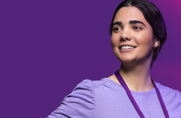 Student against a purple background