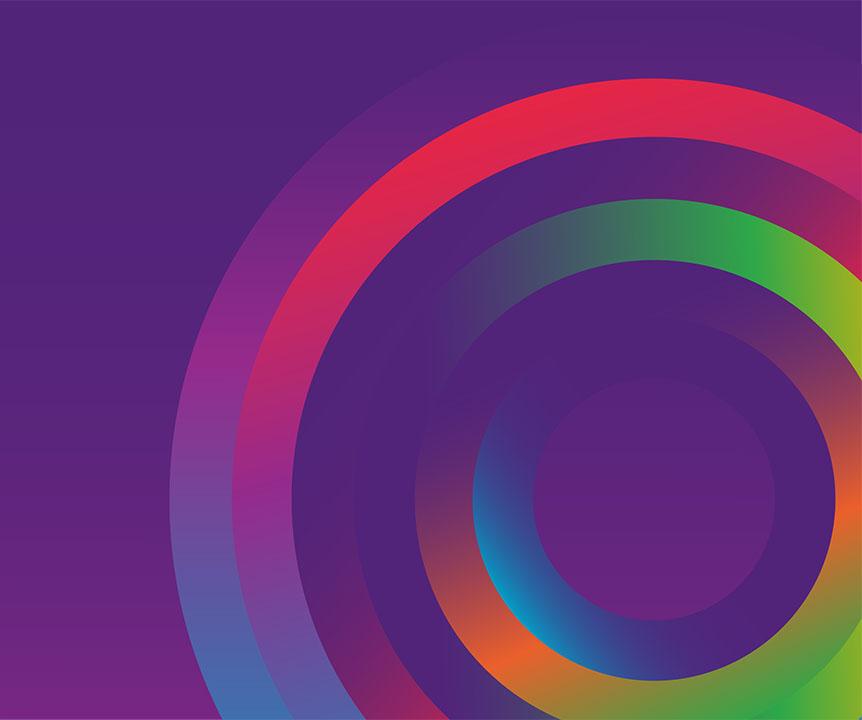 Graphic image of swirling coloured lines on purple background